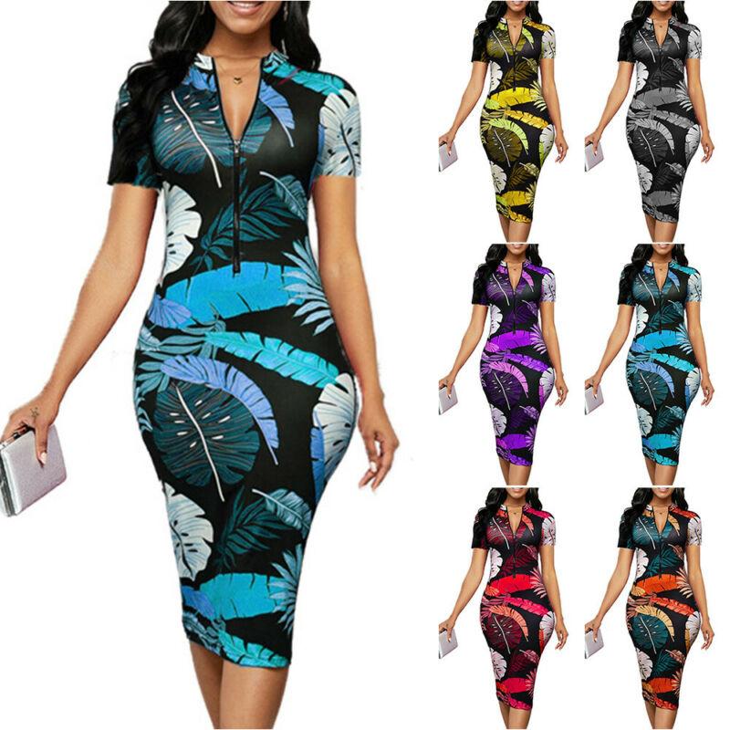 

Casual Dresses 2021 Summer Style Sexy Dress Women's Clothing Mid-Length Leaf Print Zip Up Stretch Pencil Short Sleeve, Black;gray