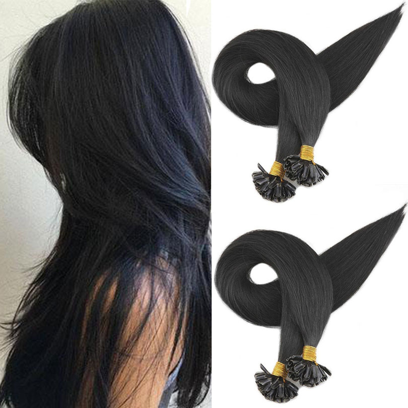 

U Nail Tip Human Hair Extensions Silky Straight Brazilian Remy Hairs 1g/Strands Natural Color