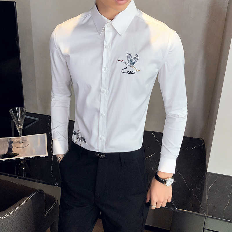 

Fashion Embroidery Men's Shirt Brand Men Clothing Long Sleeve Slim Fit Casual Business Dress Shirt Streetwear Chemise Homme 210527, White