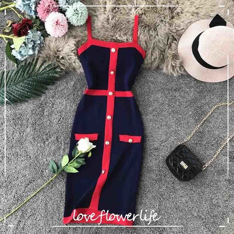 

Vintage Slim Summer Elasticity Knitted Dress Women Button Casual Party Bodycon Dress Knee-Length Spaghetti Strap Vestidos 210521, Navy blue