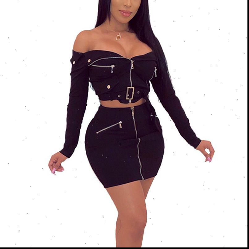 

off shoulder two piece women tracksuits set solid bodycon 2 long sleeve belt and skirt summer, Gray