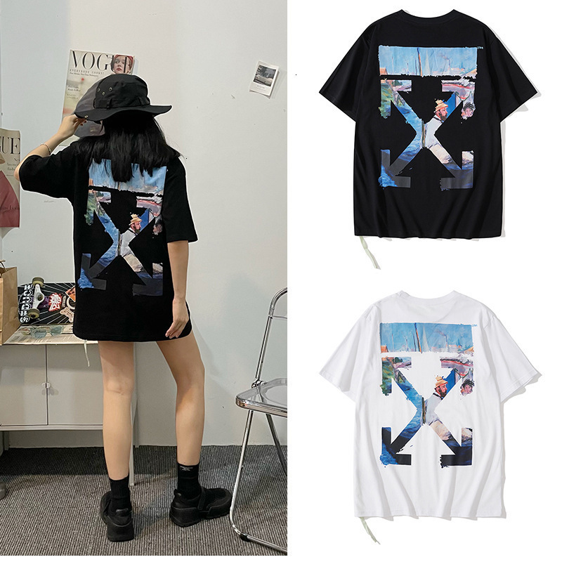 

Off Monet Oil Painting Graffiti Arrstyle Style Loose Short Sleeve Half T-shirt Street Men and Women t Fashion Brand White