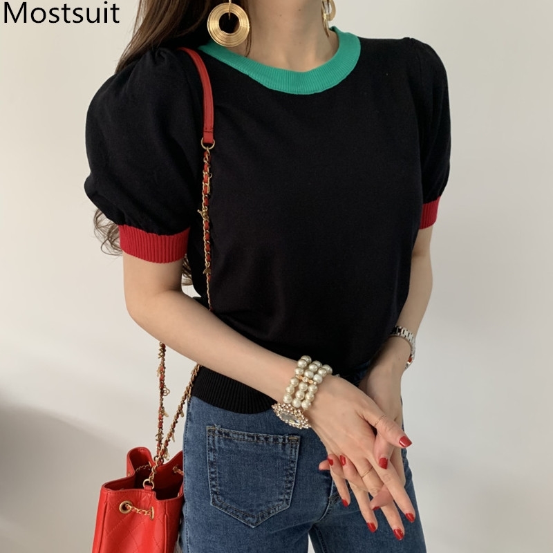 

Summer Color-blocked Korean Knitted Tshirts Tops Women Short Sleeve O-neck Slim Basic Fashion Female Tees T-shirts Femme 210518, Lake blue