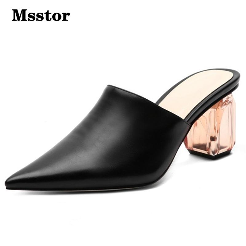 

Slippers Msstor Black Women Crystal Big Size Concise Pointed Toe Mules Shoes Summer Outside High Heels Sexy