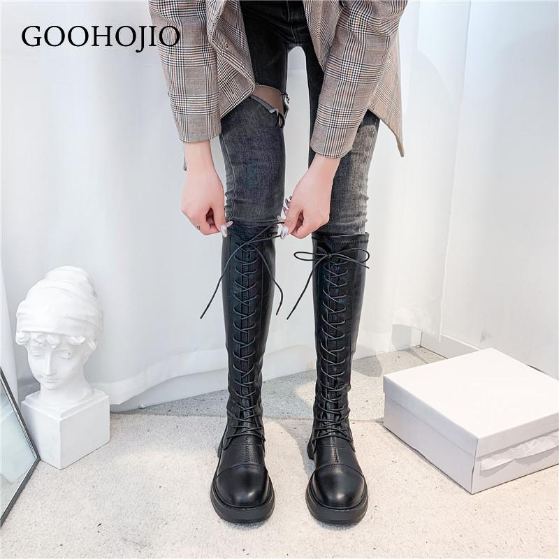 

Boots GOOHOJIO 2021 Retro Thick Knee-high Knight Women Shoes Fashion Lace-up Leather Autumn Square Heel Woman, Black