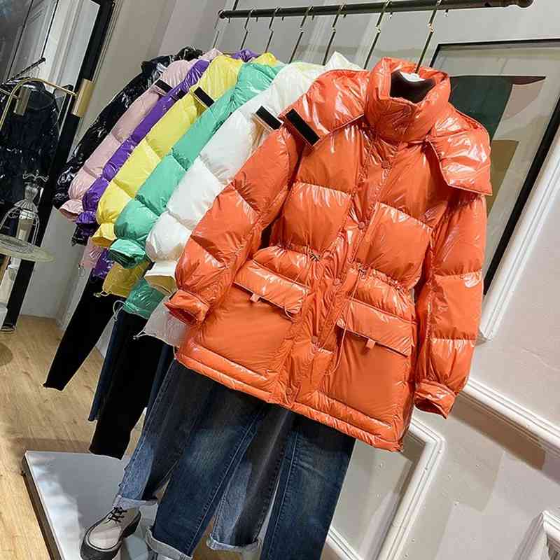 

leather Women Coat Long Fashion Female High Quality White Duck Down Jaket Windbreak Warm, Black