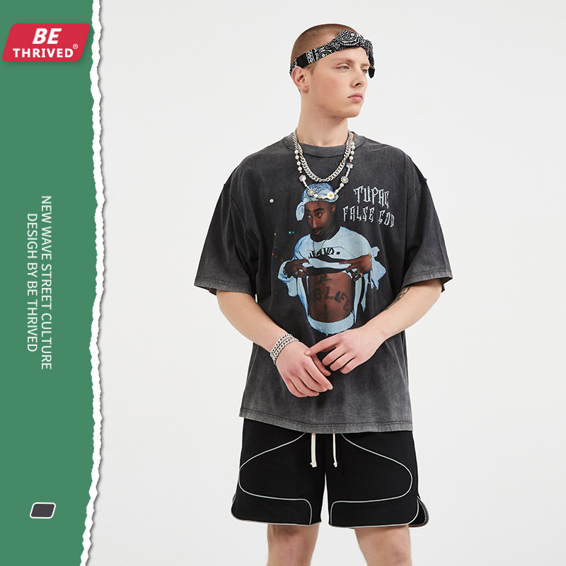 

be men | 2021 summer new wash old 2pac short sve hip hop street fenggao street fashion t-shirt, White;black