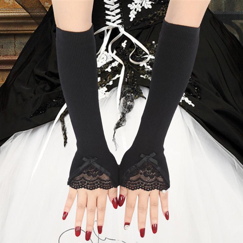 

Five Fingers Gloves Women Long Knitted Lace Warm Arm Set Half Finger Sleeve Fake Special Splice Design Daily Casual Women, Blue;gray