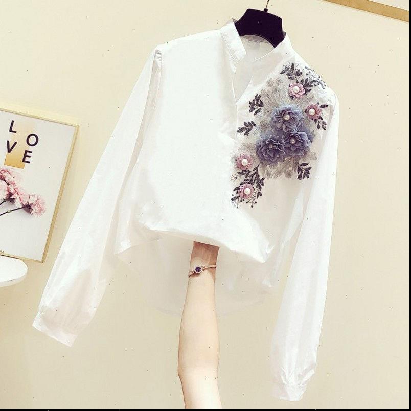 Womens Shirts spring Korean fashion embroidery embroidered decoration V neck long sleeved shirt female white UT159 Drop