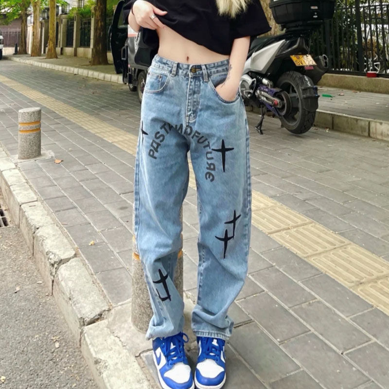 

women's jeans jeans, wide cigarette case with cross pattern, casual high-waisted pants for women. plei, Blue