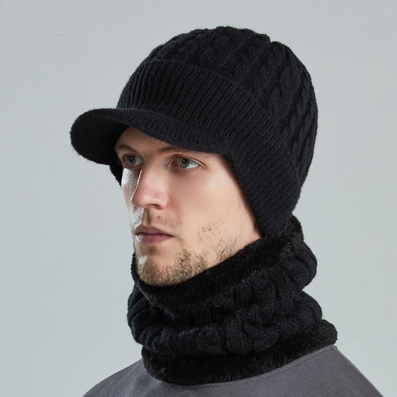 

Hats, Scarves & Gloves Sets Men Winter Beanie Hat Scarf Neck Warmer Set Fleece Lined Ribbed Knit Visor Brim Knitted Baseball Sun Cap Ear Fla
