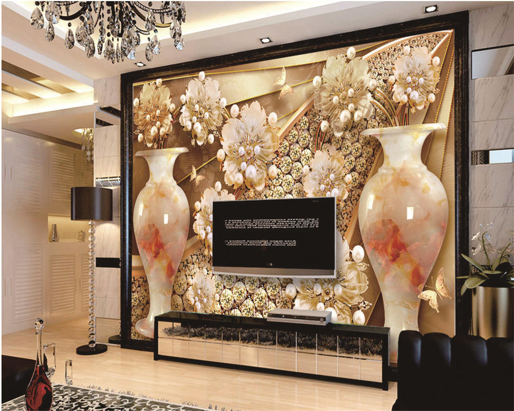 

Retail Custom 3d Wallpaper Jade Vase Luxury Diamond Flower Jewelry TV Interior Wall Decoration Mural Home Decor Wallpapers, As shown