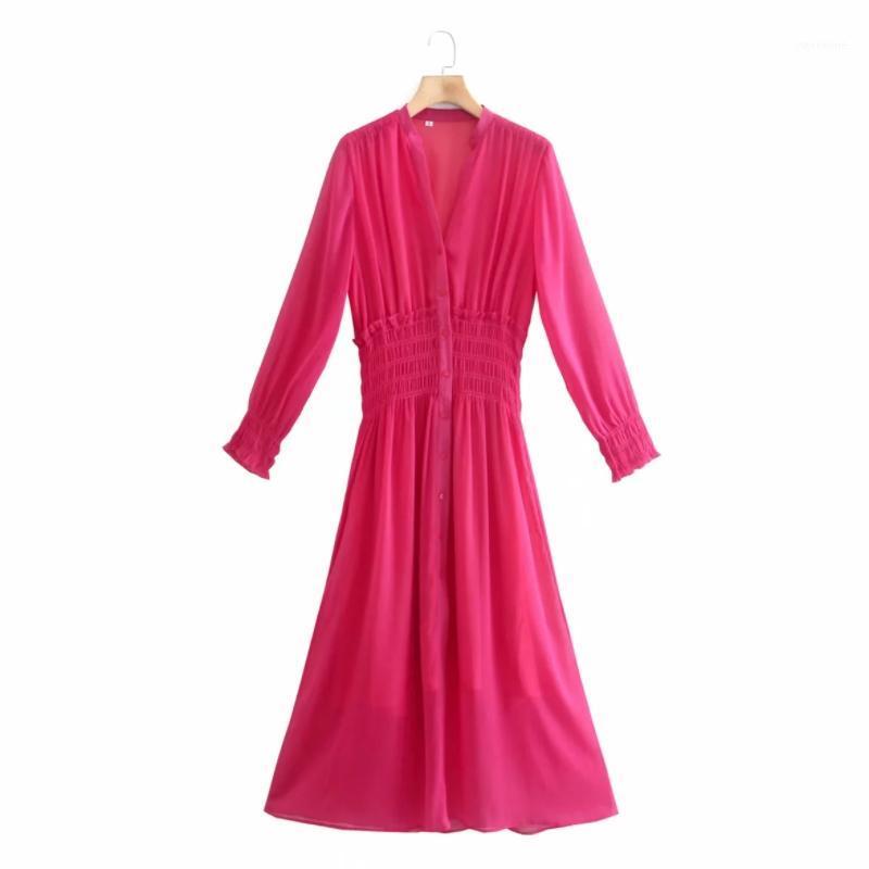 

Casual Dresses Women V Neck Single Breasted Chiffon Midi Dress Female Long Sleeve Clothes Lady Loose Vestido D8399, As pic