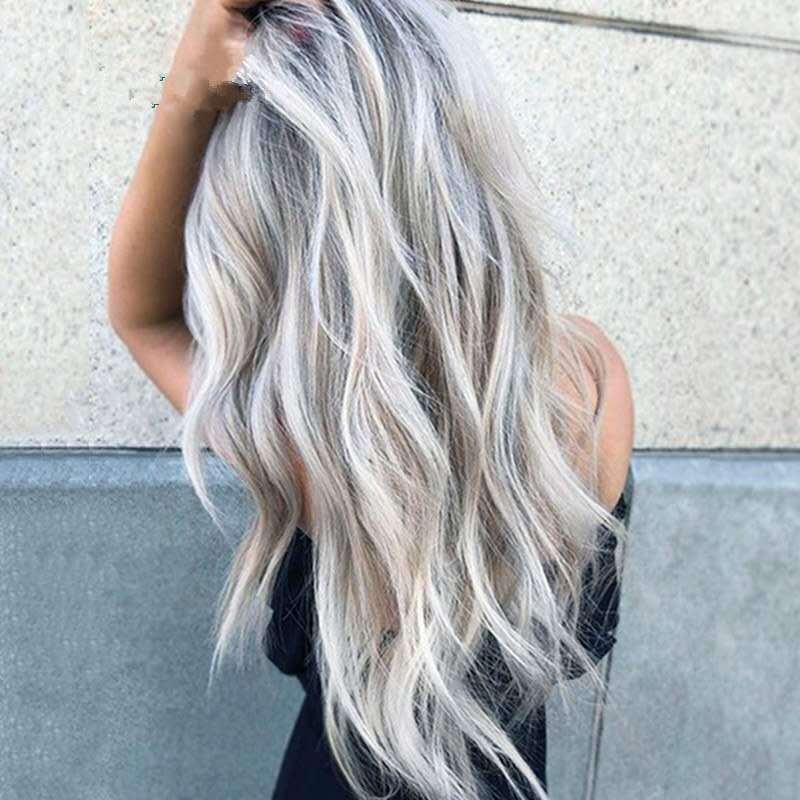 

leaching and dyeing mid-length curly hair COS gray gradient anime wig female chemical fiber headgear, Black