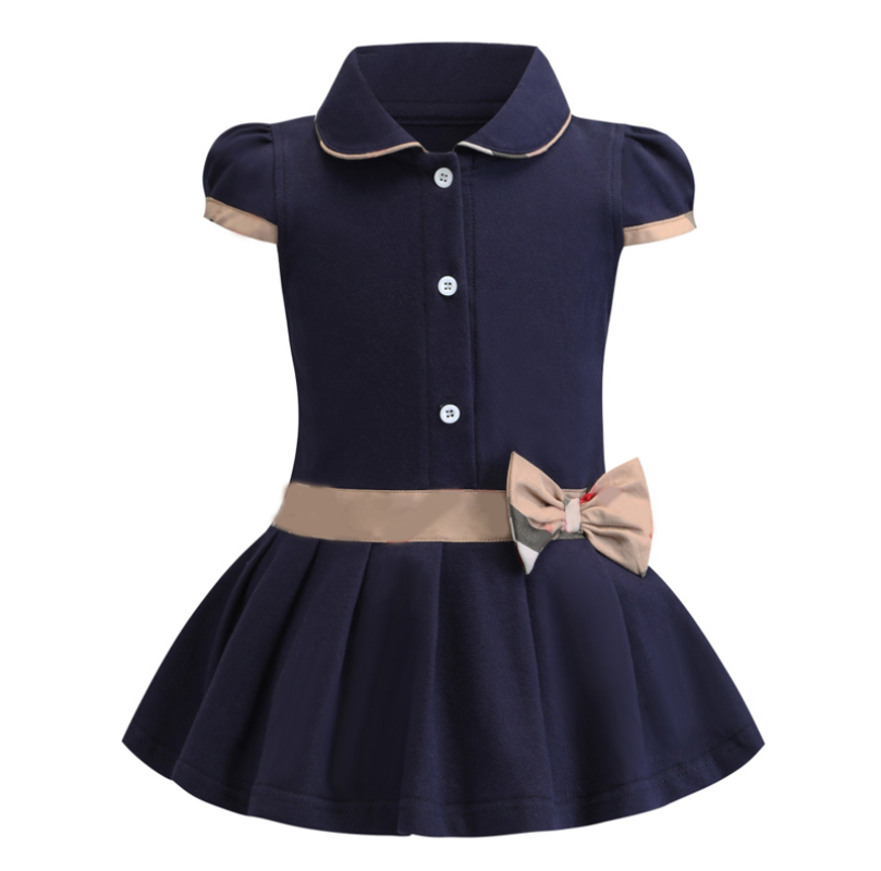 

2021 New Style Cotton Short Sleeve Girls Dress Princess Party Casual Wear Bow Kids Clothing Childres's Wear Summer 2-6 Years, Blue