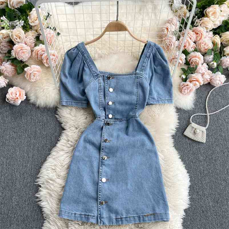 

Women Hollow Out Square Collar Single Breasted Denim Dress Short Sleeve High Waist Fashion Spring Summer 11B595 210525, Blue