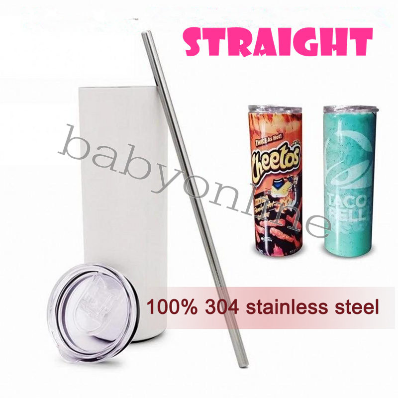 

US STOCK 20oz Sublimation STRAIGHT Tumblers With Straw 100% 304 Stainless Steel Water Bottles Double Insulated Cups Mugs White