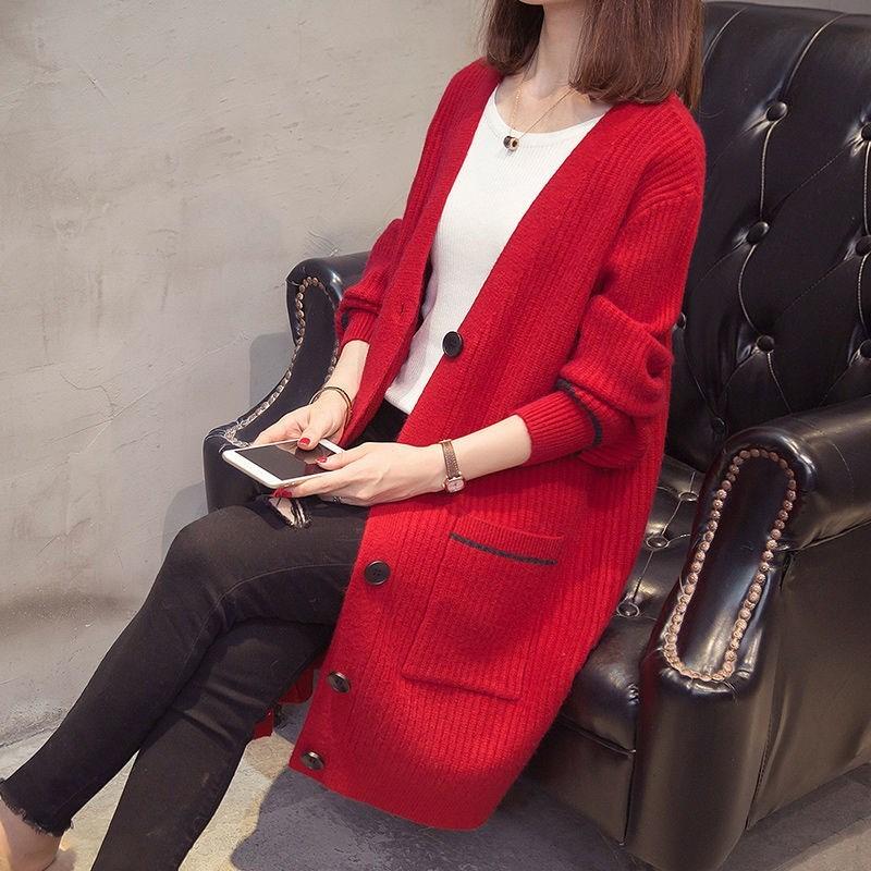 

Women's Knits & Tees Autumn Winter Mid Long V-Neck Big Pocket Knitted Sweater Women Cardigan Jacket Coat Korean Loose Sleeve Knit Tops Femal, White