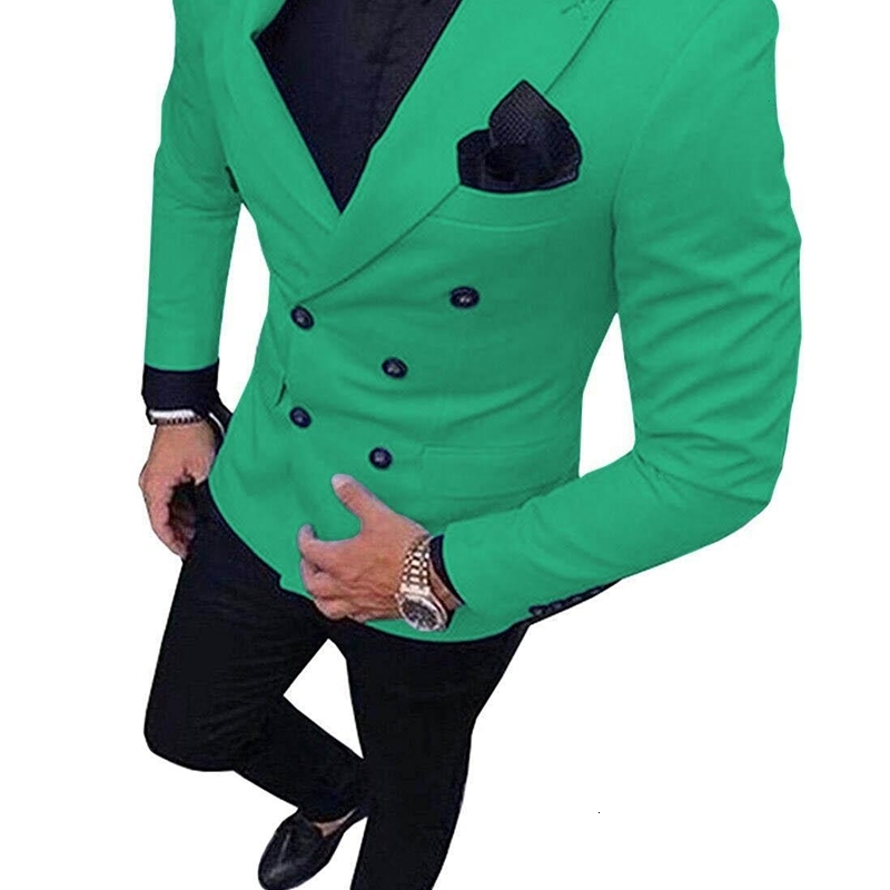 

New Green Men's Double-Breasted 2-Piece Suit Notch Lapel Blazer Jacket Tux & Trousers For Wedding Party (jacket+pants), White;black
