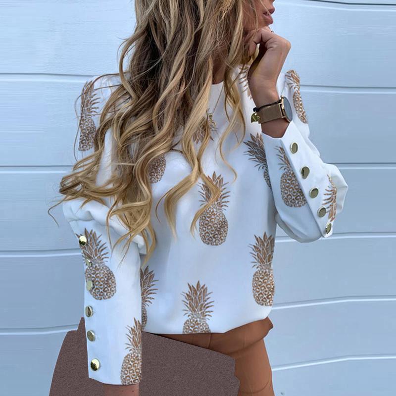 

Designer Women Chiffon Blouse Long Sleeve Back Metal Buttons Shirt Ladies Autumn O Neck Casual Print Blouses Plus Size Tops Women' & Shirts, White