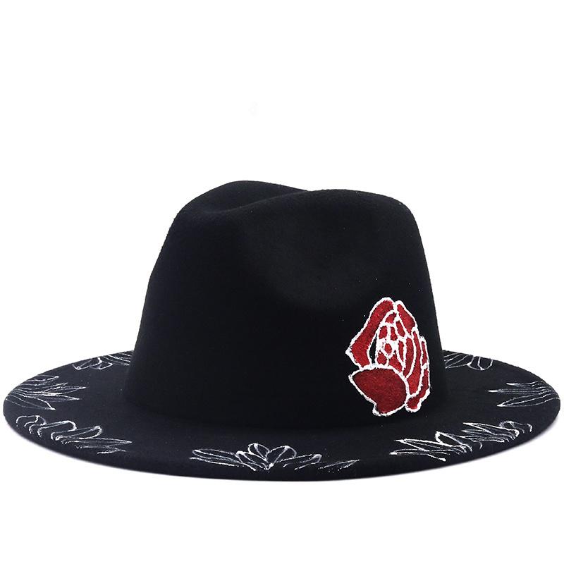 

Wide Brim Hats Handmade Painted Flowers Wool Felt Black Fedora Hat For Women/Men Autumn Winter Panama Jazz Cap, Blue;gray