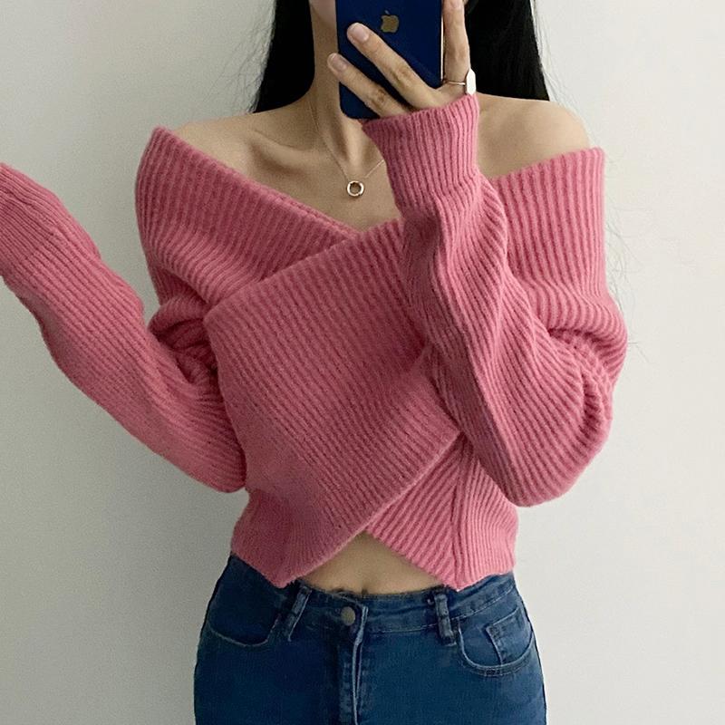 

Women's Sweaters Korean Temperament Gentle Slim Cross V Off The Shoulder Irregular Short Pull Femme Long Sleeve Pink Knit Shirts Top, White;black