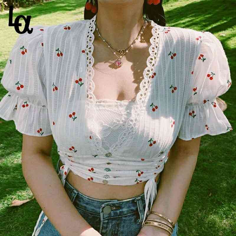

Drawstring Ruched Frill Cute Aesthetic Fashion Flower Print T-Shirt Summer Sweet Ruffle Puff Sleeve Lace V Neck Crop Tops 210519, White