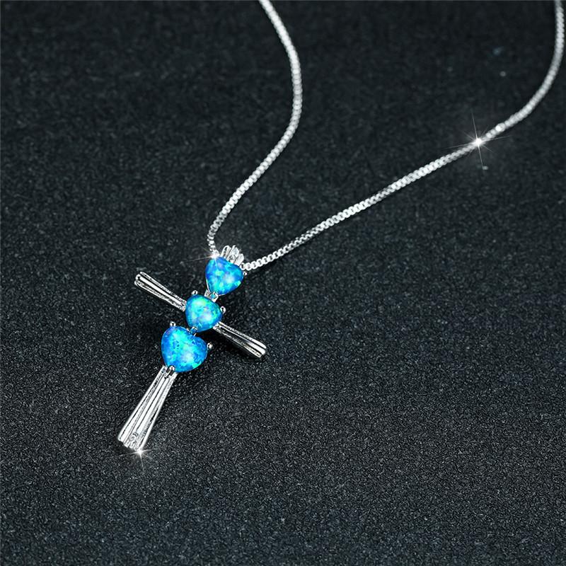 

Pendant Necklaces Boho Female Cross Long Necklace Cute Silver Color Chain Vintage Blue Haert Opal Wedding For Women