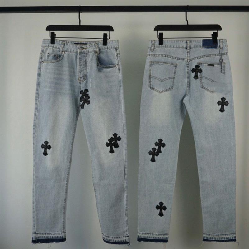 

Cross Jeans For Men 2021 High Street Chrome Homme Loose Straight Hearts Pants Moto Trousers Hip Hop Men's, Blue