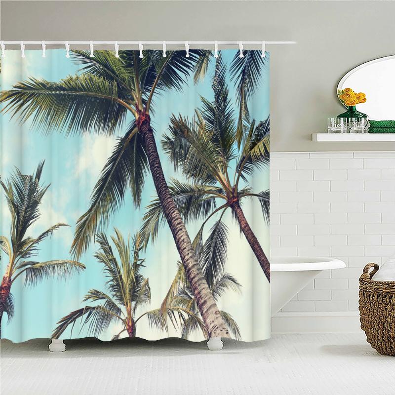 

Shower Curtains Seaside Palm Tree Landscape Printed Curtain Ocean Sunny Beach Waterproof Fabric Bathroom Decor With Hooks