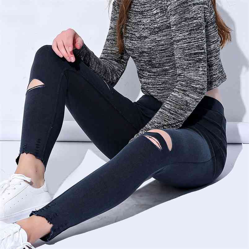 

Summer Plus Size High Waist Skinny Denim Jeans Pants Women Ripped Hole Strechy Pencil Trousers Black Jeggings for female 210708