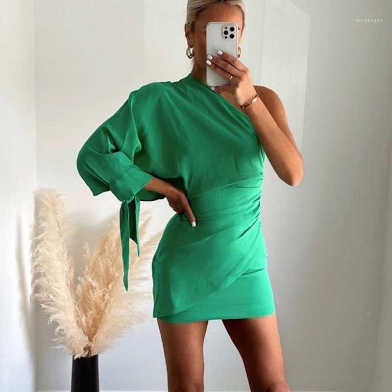 

Casual Dresses Boho Inspired DRAPED DRESS Sexy Women ASYMMETRIC NECKLINE LONG SLEEVES With TIES Chic Party Fashion, Green