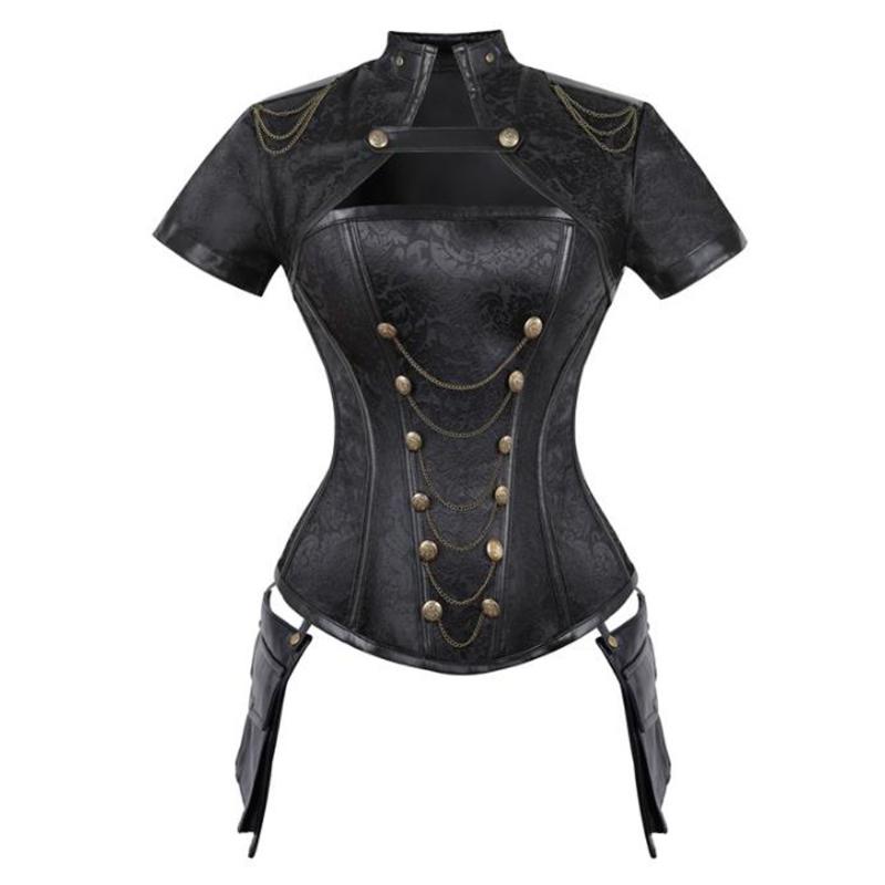 

Women Steampunk Corsets Black Red Short Sleeve Goth Clothing Steel Bones Overbust Chain Gothic Retro Punk Bustiers Top Women' Blouses & Shi, Black bustier