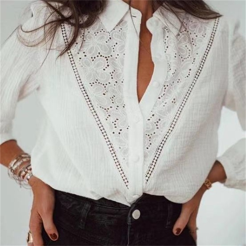 

TRAF Women 2021 Fashion Hollow Embroidery Lace White Blouses Vintage Long Sleeve Button-up Female Shirts Blusas Streetwear, As picture