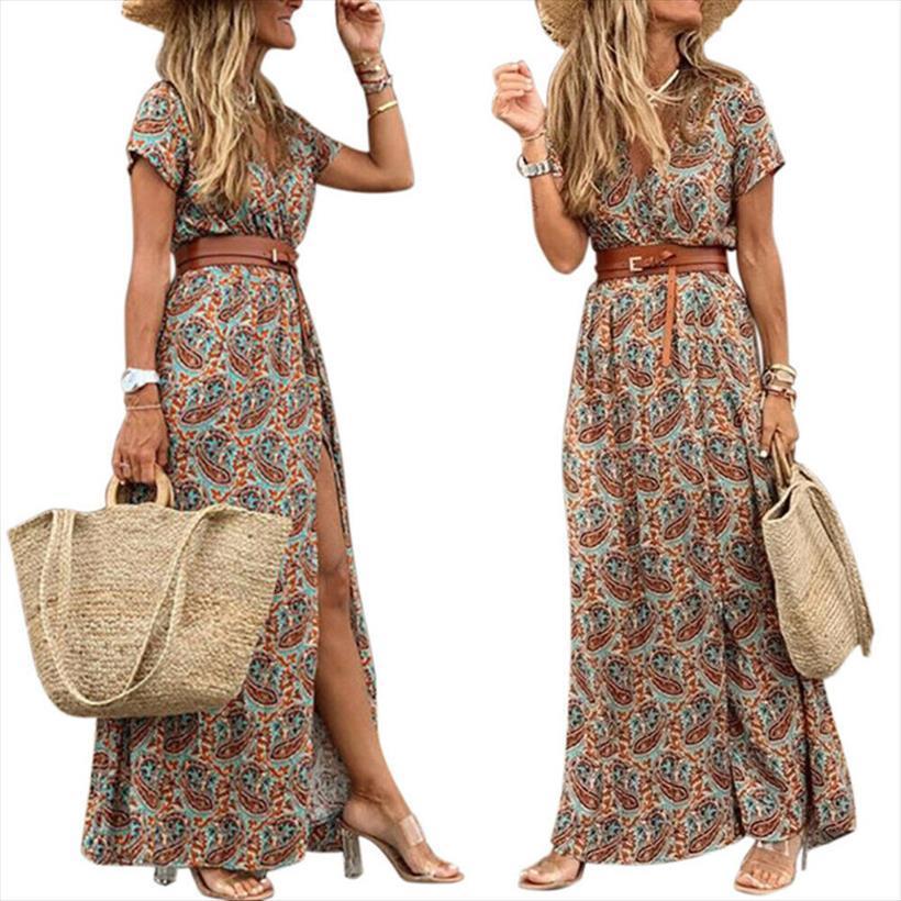 

leosoxs bohemian summer casual women dress belt print split fashion deep v neck short sleeve ladies dresses vestidos, Black;gray