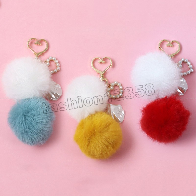 

Fashion Plush Pompom Key Chain Elegant Imitation Pearls Shells Fluffy Hairball Keychain Bag Pendant Keyring Accessories
