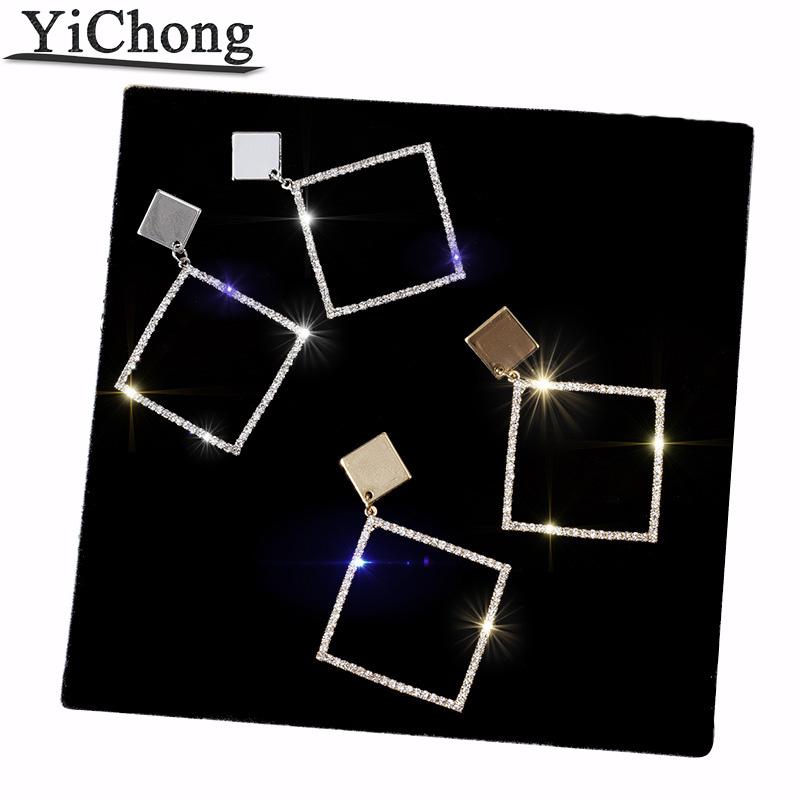 

Fashion Rhinestone Square Geometric Drop Earrings For Women Jewelry Silver Gold Rose Color Handmade Statement Y111 Dangle & Chandelier