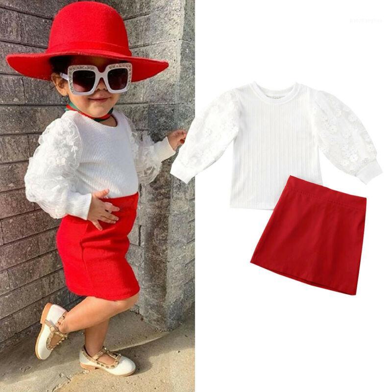 

Clothing Sets 2Pcs Toddler Baby Girls Clothes Long Puff Sleeve White Ruffle Lace Tops T-shirt Mini Red Skirt Bodycon Dress Outfit1