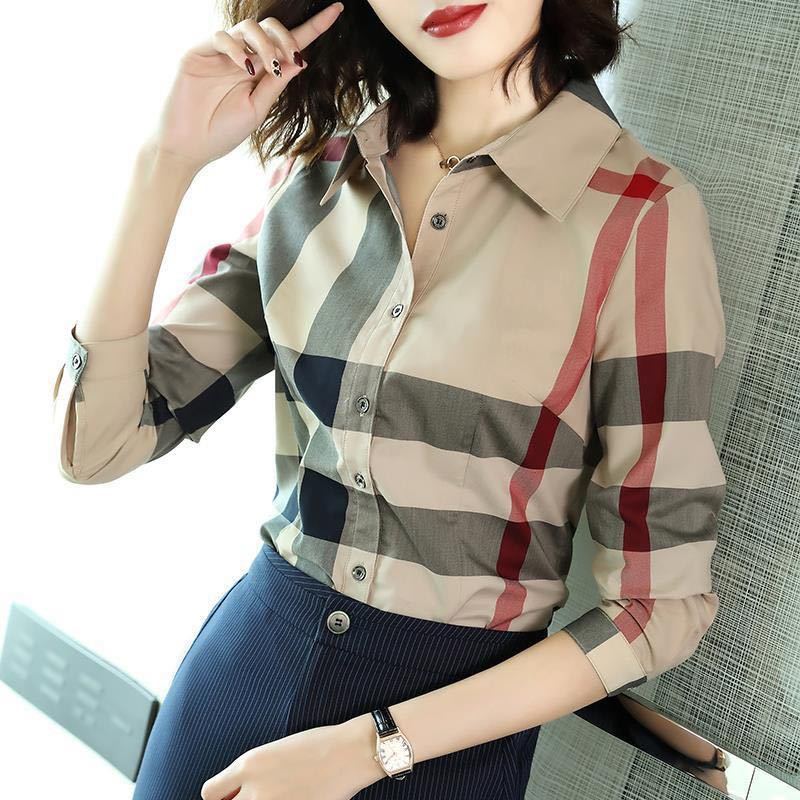 

Europe 2021 spring, summer, autumn, winter, four seasons striped printed long-sleeved shirt with lapel and fashionable design blouse. A slim, 01