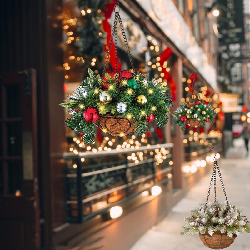 

Christmas Decorations 1pc Hanging Flower Basket Artificial Plant Hanger With LED Light Pot Planter Yard Garden Wall Decoration