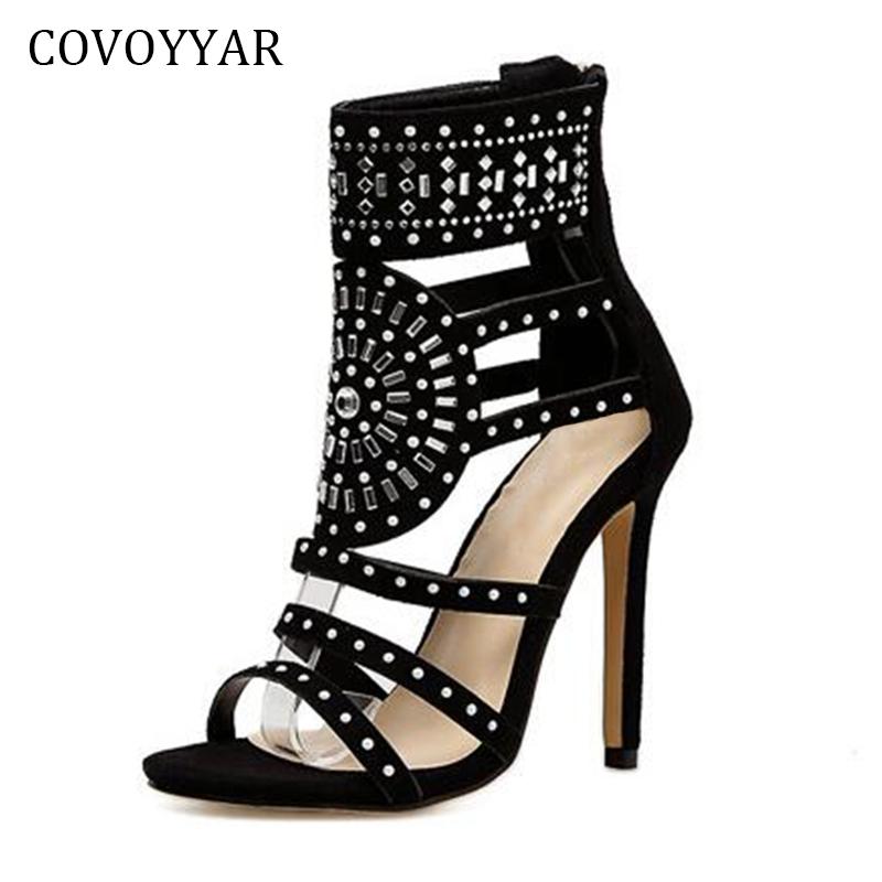 

Dress Shoes COVOYYAR Sexy Super High Heel Women's Pumps 2021 Summer Ethnic Rhinestone Lady Sandals Back Zip Rome Women WHH596, Black