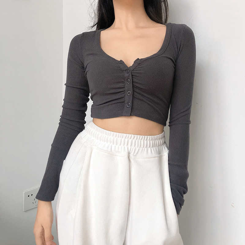 

WOMENGAGA Women V Neck Button Front Long Sleeve Crop Top With Ruched Detail Full T Shirt Summer Tops Korean QD5W 210603, Black