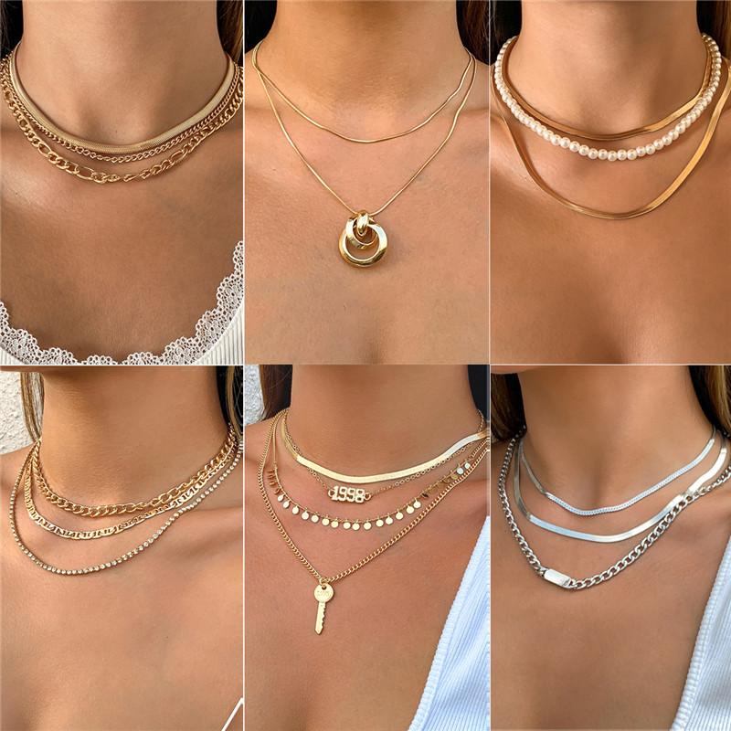 

Chains Punk Layered Chain Necklace Neck For Women Vintage Pearl Gold Color Hoop Metal 2021 Clavicle Jewelry, Silver
