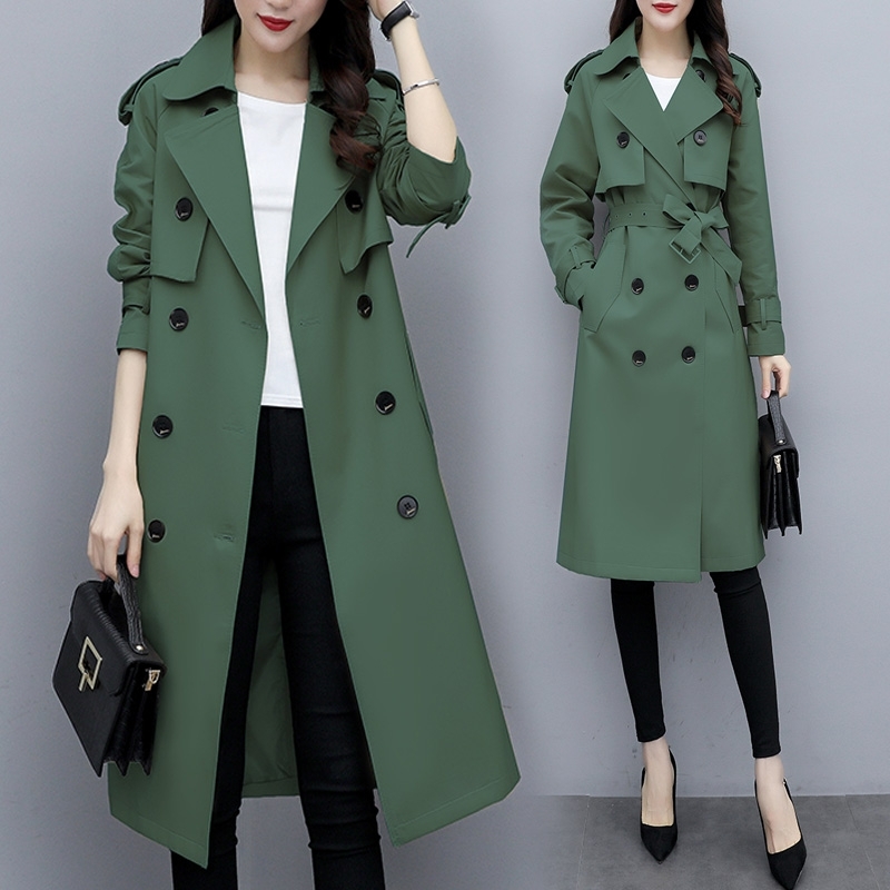 

British Trench Coat For Woman Classic British Style Double Breasted Trench Coats Windbreaker Coat Ladies Outerwear Slim Long Tre, Green