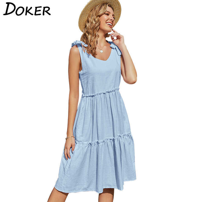 

Summer Solid Color V Neck Pleated Women Dress Casual Loose Temperament Elegant Party Big Swing Female Dresses 210604, Blue