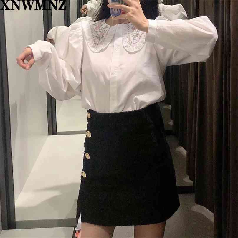 

women shirt with embroidered collar Female Ladies long sleeves asymmetric Retro casual tops 210520, White