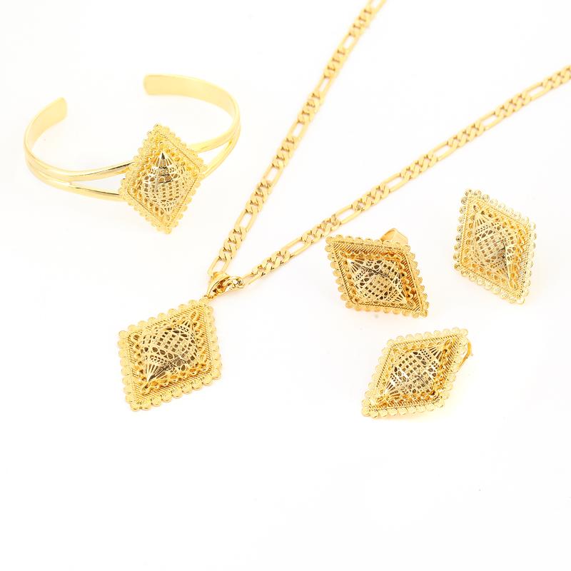 

Earrings & Necklace Classic Gold Color Chain For Women Rhombus Pendant Jewelry Sets Arab Africa Ethiopian Party Gift, Silver