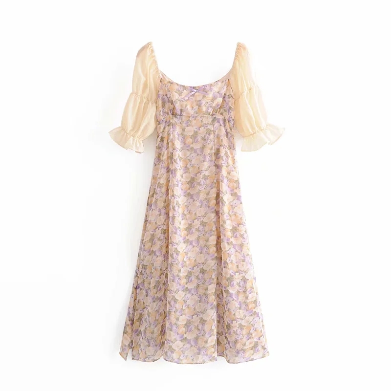 

Vintage Sweet Floral Printed With Lining Midi Dress Women Fashion Square Collar Ruched Puff Sleeve Dresses Girls Chic Outfits 210520, As pic