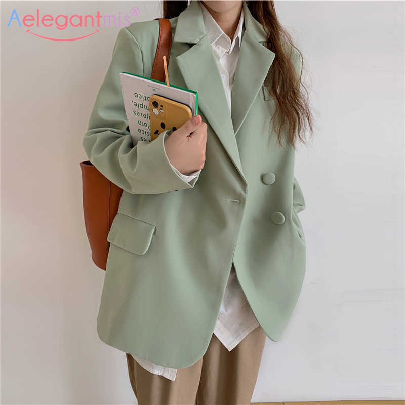 

Aelegantmis Korean Casual Loose Chic Office Lady Blazer Coat Women Vintage Elegant Green Suit Jacket Female Retro Outwear 210607, Black