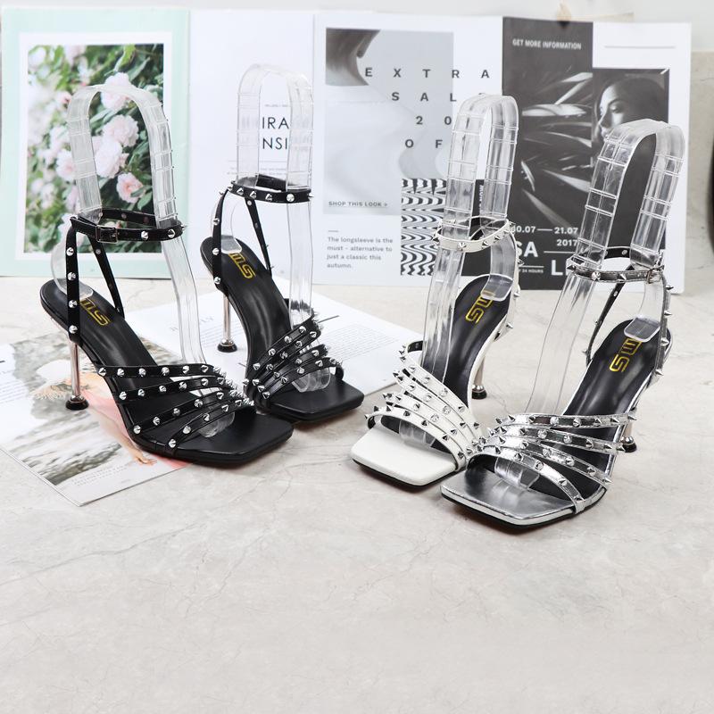 

Sandals Fall 2021 Style Buckle Outer Wear Fashionable Roman Stiletto Rivet Square Toe High-heeled, Black